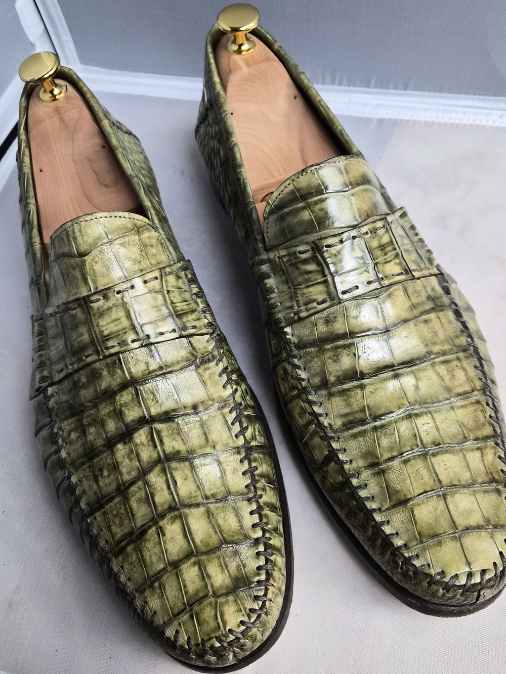 Santoni Crocodile Fatto A Mano/Handmade Exotic Green Loafers Luxury Vintag Shoes